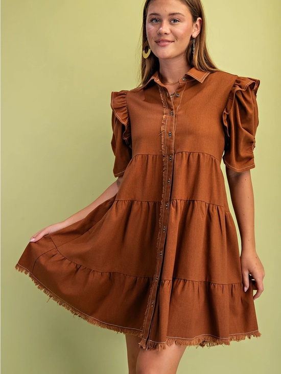 Gigio Dresses & Skirts - Tiered Button-Front Rust Short Dress with Ruffle Sleeves